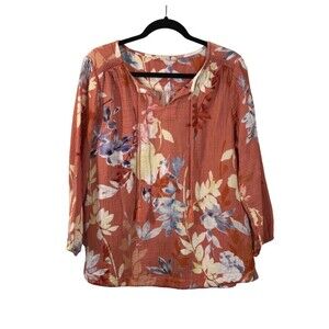 Soft Surrounding Women's Floral Peasant Top Size PL Orange 3/4  Sleeve Tassel